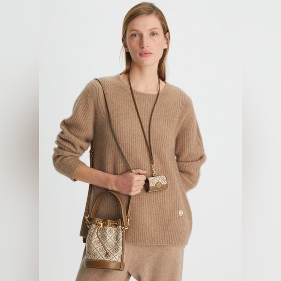 NWT! NEW Tory Burch T Monogram Jacquard Mini Bucket Bag -Tan -leather trim - Picture 2 of 14
